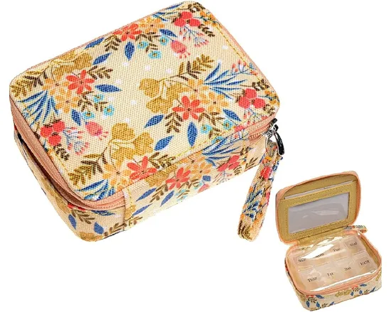 Each compartment can store multiple pills for daily uses. The pill box with a floral fabric case keeps your pills organized and safe. Great to help keep tracking and reminding you to maintain a medication regimen.